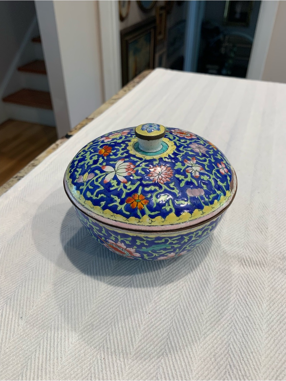Vintage Chinese Cloisonne Floral Enamel on Cobalt Blue Floral Lidded Bowl